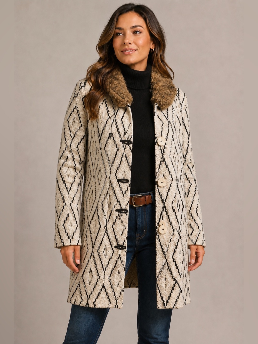 Escio Women XL Ivory Black Diamond Knit Faux Fur Collar Cardigan Sweater